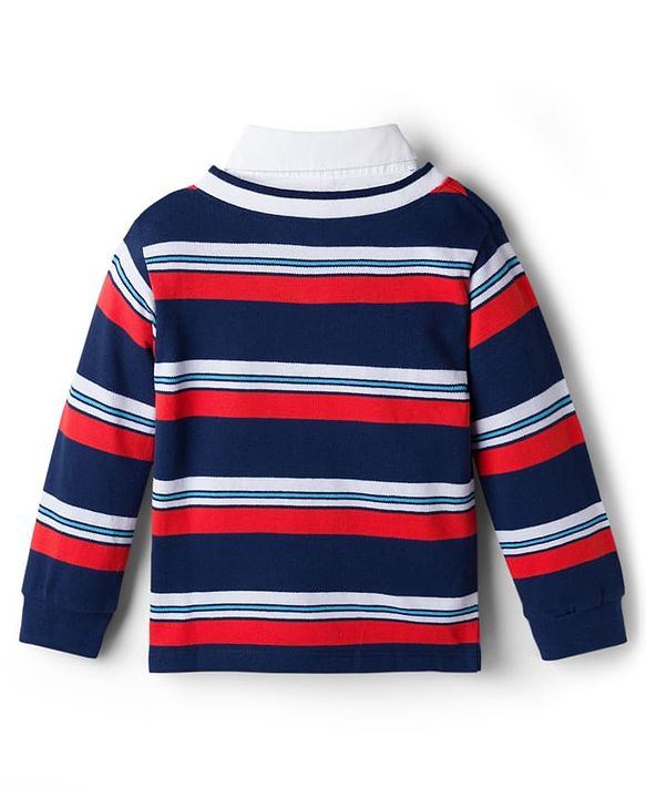 Babyhug Terry Knit Full Sleeves Striped T-Shirt & Trouser Set with Patch - Navy Blue & Beige