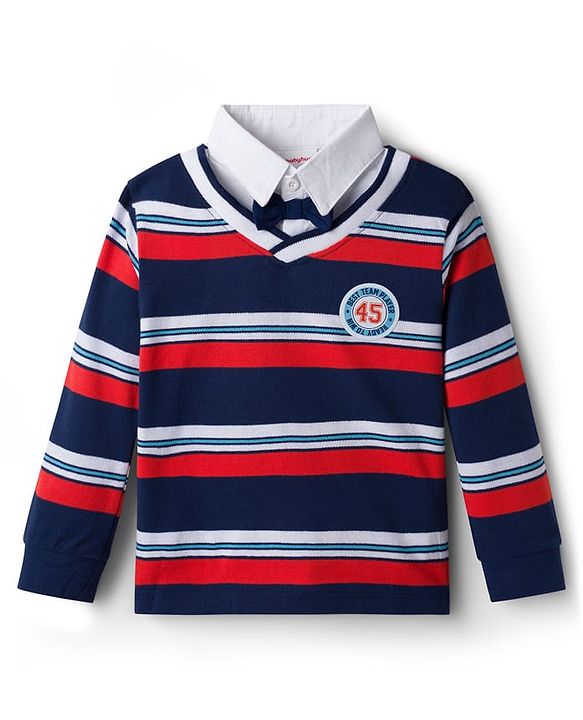 Babyhug Terry Knit Full Sleeves Striped T-Shirt & Trouser Set with Patch - Navy Blue & Beige