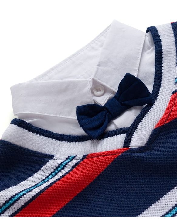 Babyhug Terry Knit Full Sleeves Striped T-Shirt & Trouser Set with Patch - Navy Blue & Beige