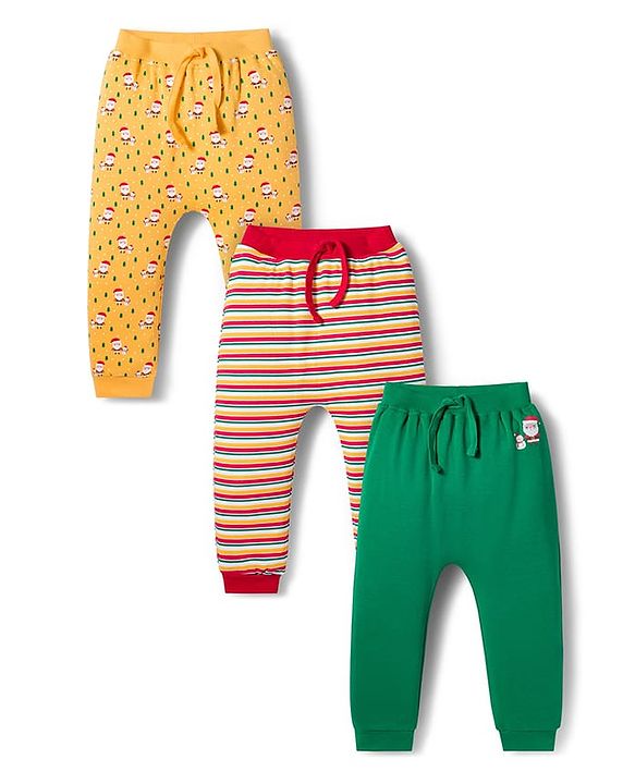 Babyhug Cotton Interlock Knit Full Length Diaper Leggings With Christmas Print Pack Of 3 - Green Yellow & Red