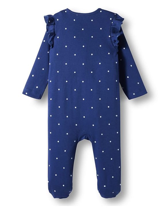 Babyhug Cotton Knit Full Sleeves  Footed Sleepsuit With Bear Patch - Navy Blue