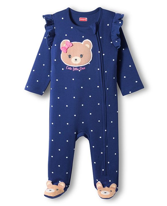 Babyhug Cotton Knit Full Sleeves  Footed Sleepsuit With Bear Patch - Navy Blue