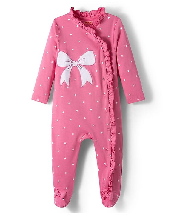 Babyhug Cotton Knit Full Sleeves Footed Sleepsuit With Bow Embriodery & Polka Dot Print - Pink