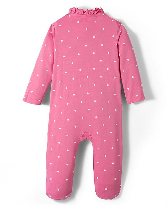 Babyhug Cotton Knit Full Sleeves Footed Sleepsuit With Bow Embriodery & Polka Dot Print - Pink
