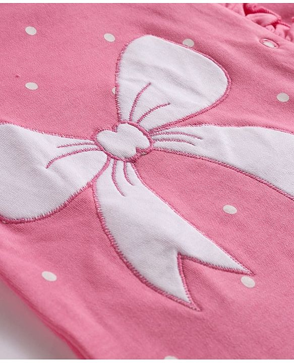 Babyhug Cotton Knit Full Sleeves Footed Sleepsuit With Bow Embriodery & Polka Dot Print - Pink