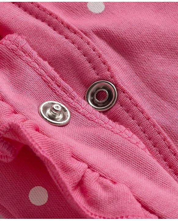 Babyhug Cotton Knit Full Sleeves Footed Sleepsuit With Bow Embriodery & Polka Dot Print - Pink