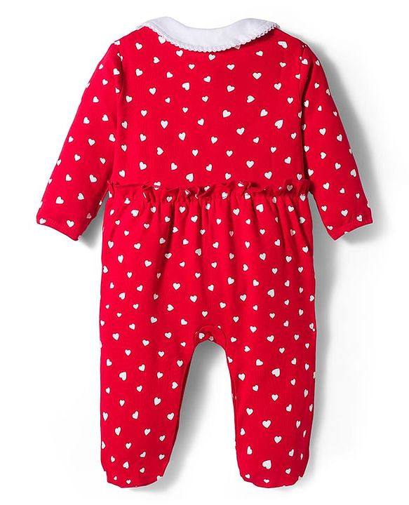 Babyhug Cotton Knit Full Sleeves Footed Sleep Suit with Heart Print & Bow Applique - Red