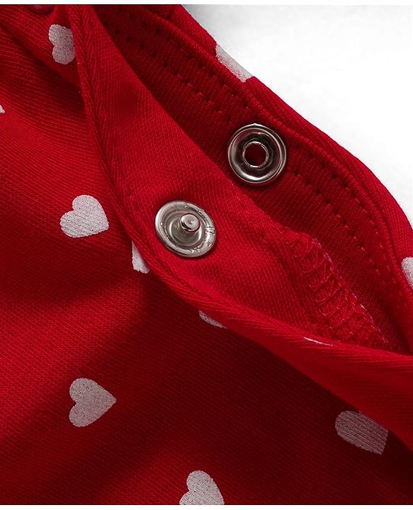 Babyhug Cotton Knit Full Sleeves Footed Sleep Suit with Heart Print & Bow Applique - Red