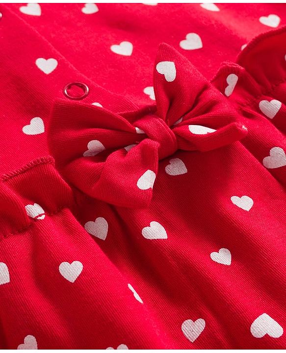 Babyhug Cotton Knit Full Sleeves Footed Sleep Suit with Heart Print & Bow Applique - Red