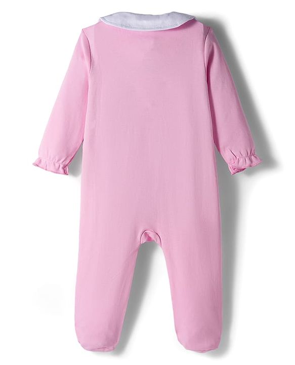 Babyhug Cotton Knit Full Sleeve Footed Sleepsuit with Teddy Patch - Pink