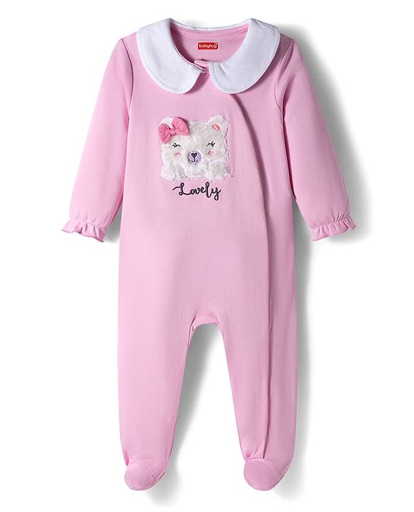 Babyhug Cotton Knit Full Sleeve Footed Sleepsuit with Teddy Patch - Pink