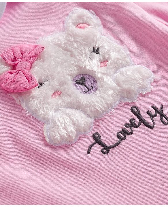 Babyhug Cotton Knit Full Sleeve Footed Sleepsuit with Teddy Patch - Pink