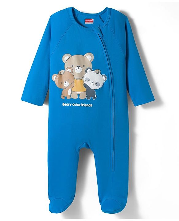 Babyhug Cotton Knit Full Sleeves Footed Sleepsuit With Teddy Bear Print - Blue