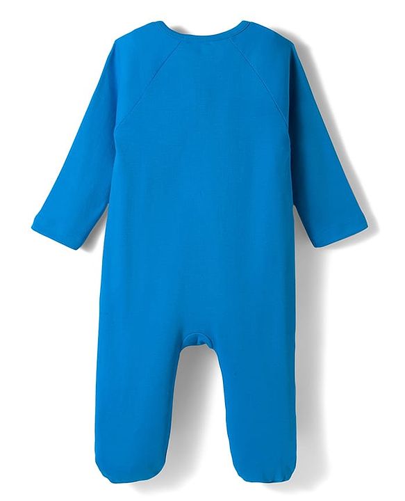 Babyhug Cotton Knit Full Sleeves Footed Sleepsuit With Teddy Bear Print - Blue