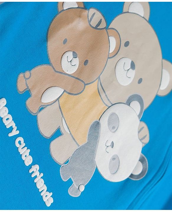 Babyhug Cotton Knit Full Sleeves Footed Sleepsuit With Teddy Bear Print - Blue