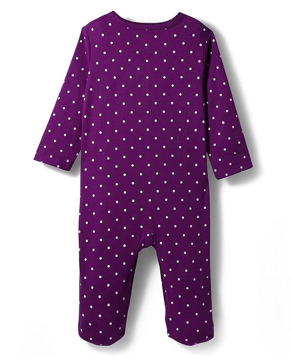 Babyhug Cotton Knit Full Sleeves Footed Sleepsuit With Polka Dots & Unicorn Print - Lavender