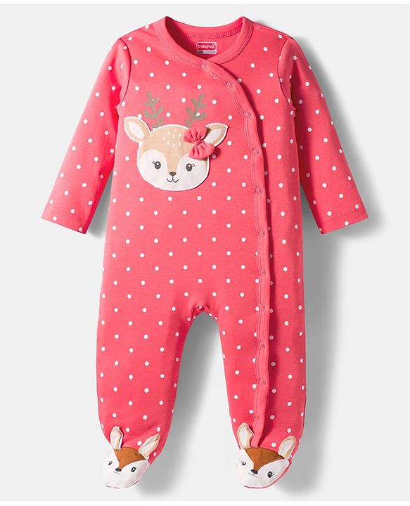 Babyhug Cotton Knit Full Sleeves Sleepsuit With Polka Dot Print & Bear Patch - Red