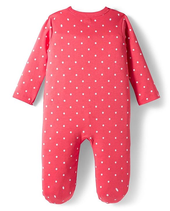 Babyhug Cotton Knit Full Sleeves Sleepsuit With Polka Dot Print & Bear Patch - Red