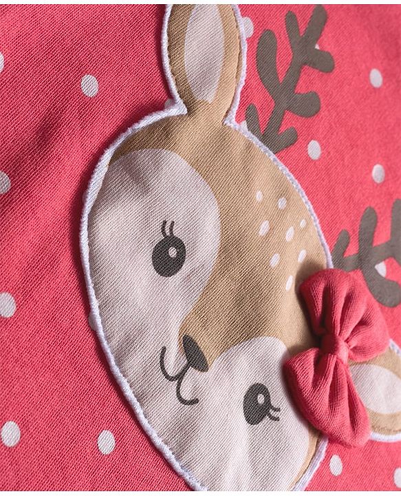 Babyhug Cotton Knit Full Sleeves Sleepsuit With Polka Dot Print & Bear Patch - Red