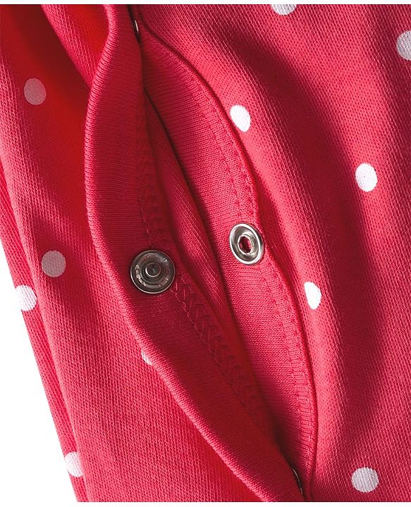 Babyhug Cotton Knit Full Sleeves Sleepsuit With Polka Dot Print & Bear Patch - Red