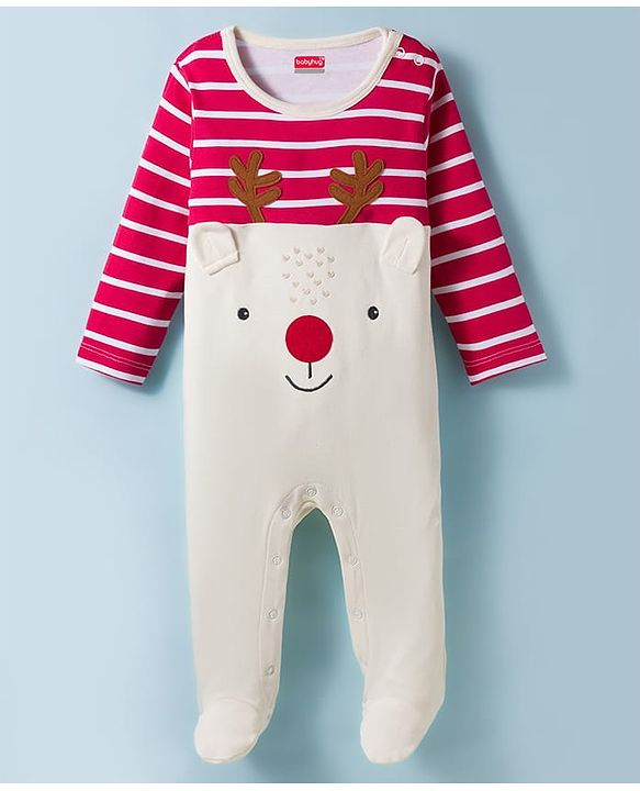 Babyhug Cotton Knit Full Sleeves Footed Sleepsuit Reindeer Embroidery - Red & White