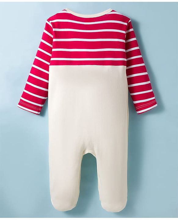 Babyhug Cotton Knit Full Sleeves Footed Sleepsuit Reindeer Embroidery - Red & White