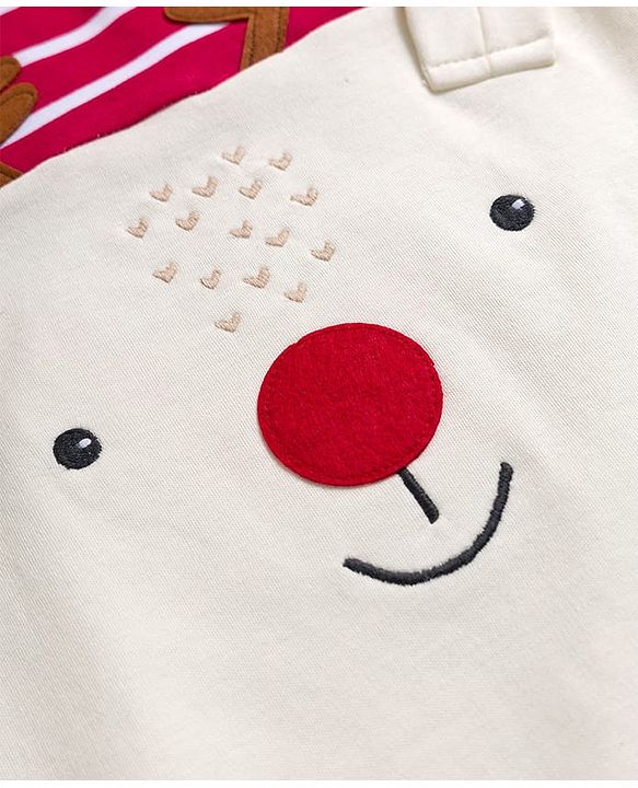 Babyhug Cotton Knit Full Sleeves Footed Sleepsuit Reindeer Embroidery - Red & White
