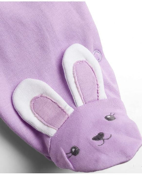 Babyhug Cotton Knit Full Sleeves Footed Sleepsuit With Animal Embroidery & Ear Applique - Lavender