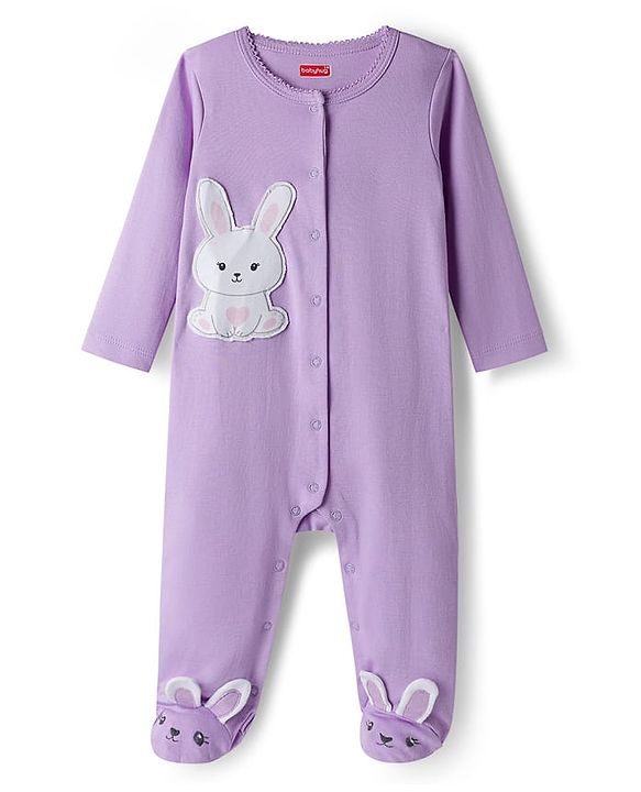 Babyhug Cotton Knit Full Sleeves Footed Sleepsuit With Animal Embroidery & Ear Applique - Lavender