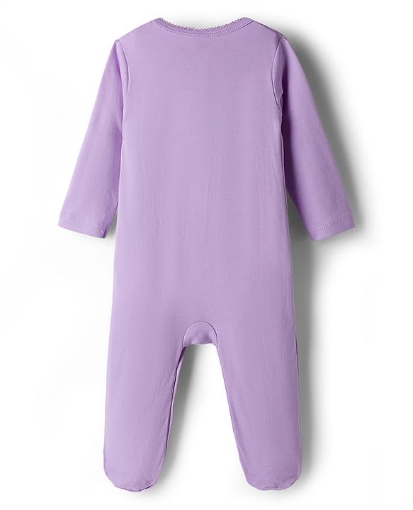 Babyhug Cotton Knit Full Sleeves Footed Sleepsuit With Animal Embroidery & Ear Applique - Lavender