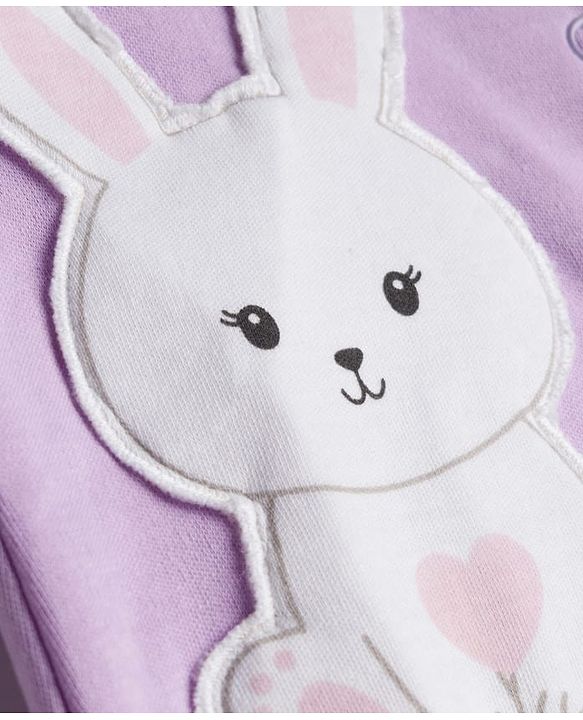 Babyhug Cotton Knit Full Sleeves Footed Sleepsuit With Animal Embroidery & Ear Applique - Lavender