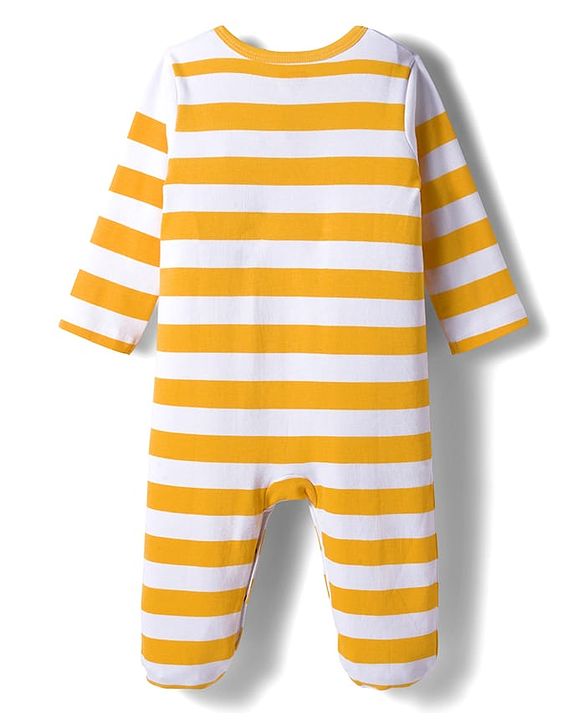 Babyhug Cotton Knit Full Sleeves Footed Sleepsuits With Stripes & Animal Print Pack Of 2 - Yellow & Green