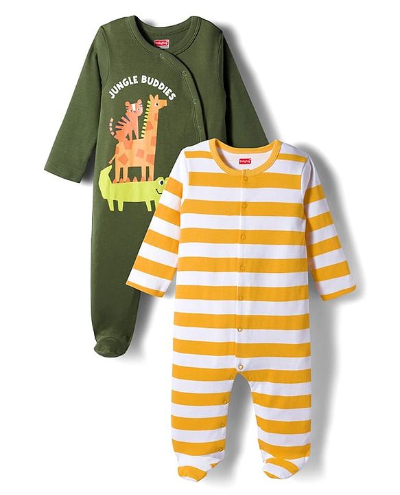 Babyhug Cotton Knit Full Sleeves Footed Sleepsuits With Stripes & Animal Print Pack Of 2 - Yellow & Green