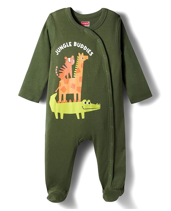 Babyhug Cotton Knit Full Sleeves Footed Sleepsuits With Stripes & Animal Print Pack Of 2 - Yellow & Green