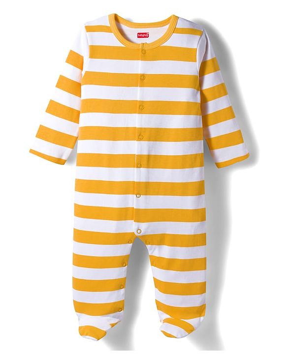 Babyhug Cotton Knit Full Sleeves Footed Sleepsuits With Stripes & Animal Print Pack Of 2 - Yellow & Green