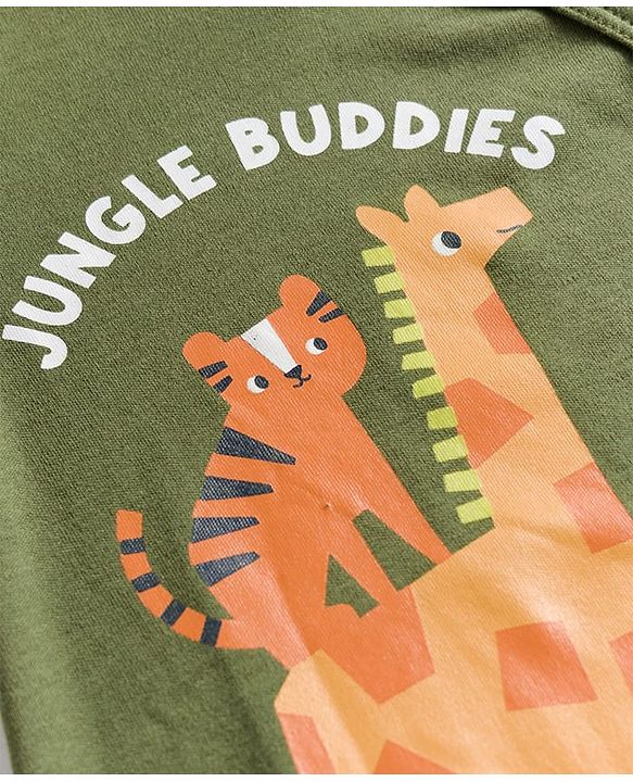 Babyhug Cotton Knit Full Sleeves Footed Sleepsuits With Stripes & Animal Print Pack Of 2 - Yellow & Green