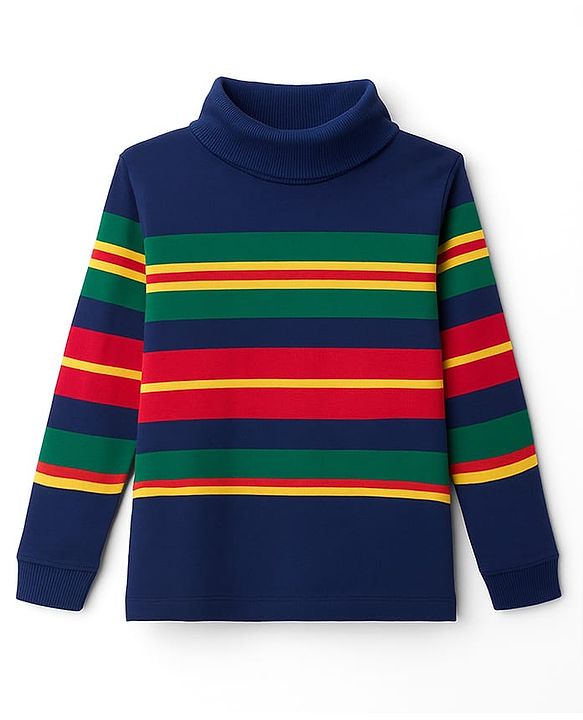 Babyhug Cotton Elastane Knit Full Sleeves Turtle Neck Winter T-Shirt with Stripes - Navy Blue