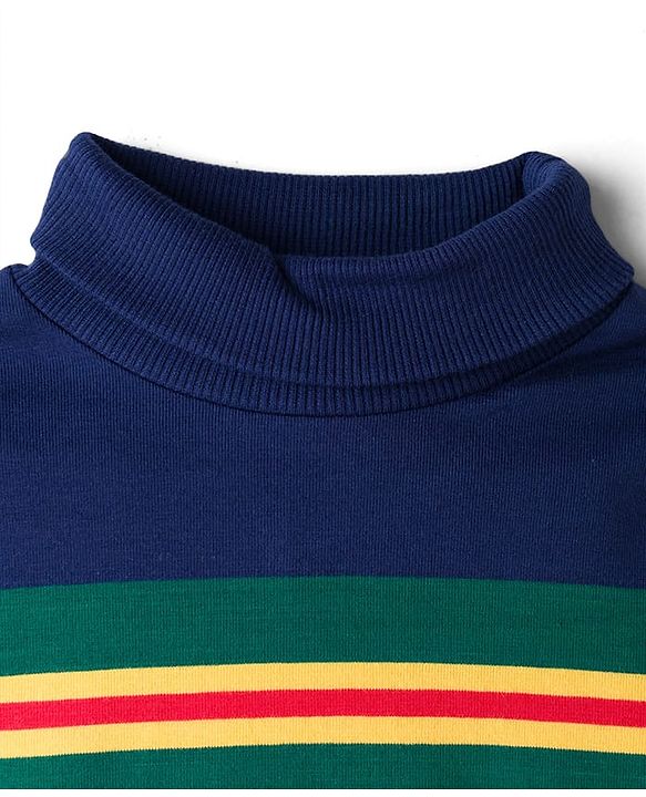 Babyhug Cotton Elastane Knit Full Sleeves Turtle Neck Winter T-Shirt with Stripes - Navy Blue