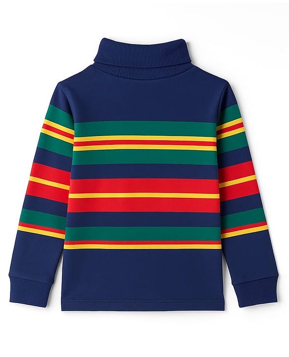 Babyhug Cotton Elastane Knit Full Sleeves Turtle Neck Winter T-Shirt with Stripes - Navy Blue