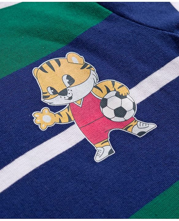 Babyhug Cotton Elastane Knit Full Sleeves Striped Turtle Neck Winter T-Shirt With Tiger Print - Green & Blue