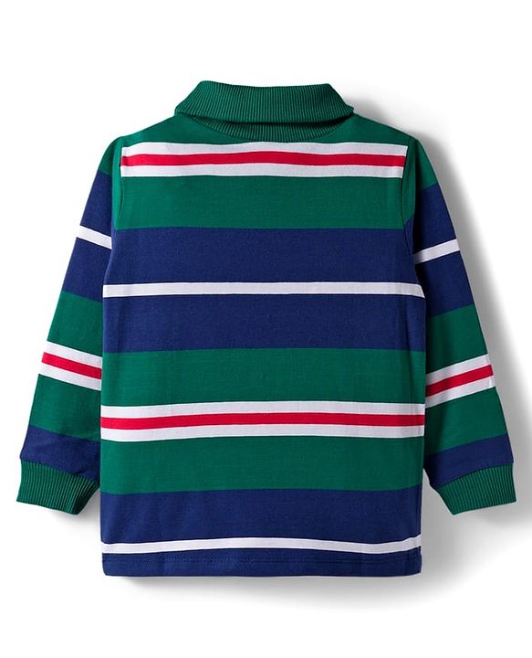 Babyhug Cotton Elastane Knit Full Sleeves Striped Turtle Neck Winter T-Shirt With Tiger Print - Green & Blue