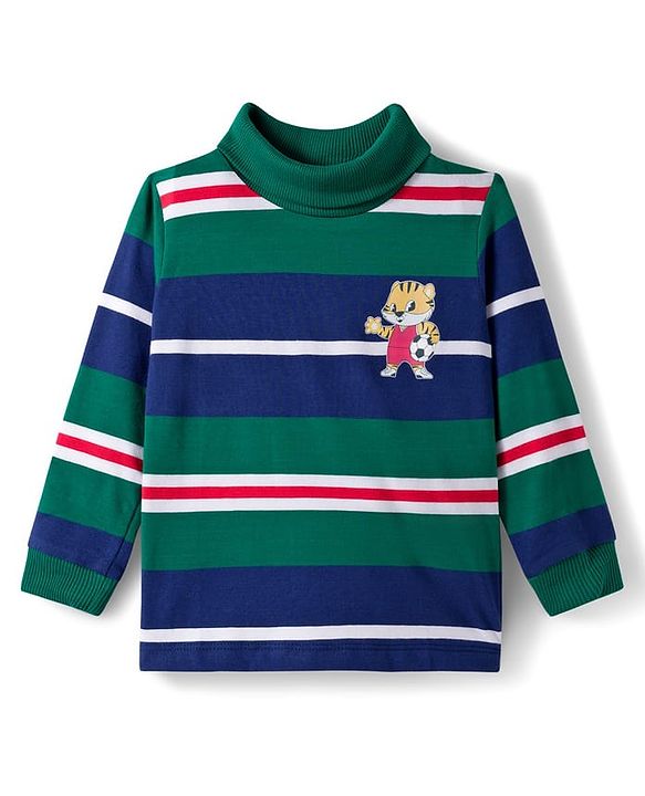 Babyhug Cotton Elastane Knit Full Sleeves Striped Turtle Neck Winter T-Shirt With Tiger Print - Green & Blue