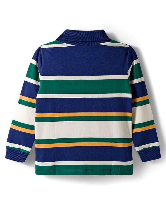 Babyhug Cotton Elastane Knit Full Sleeves Striped Turtle Neck Winter T-Shirt With Number Print - Navy Blue Green & White