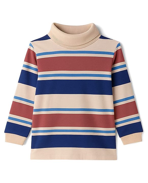 Babyhug Cotton Elastane Knit Full Sleeves Turtle Neck Winter T-Shirt with Stripes - Multicolor