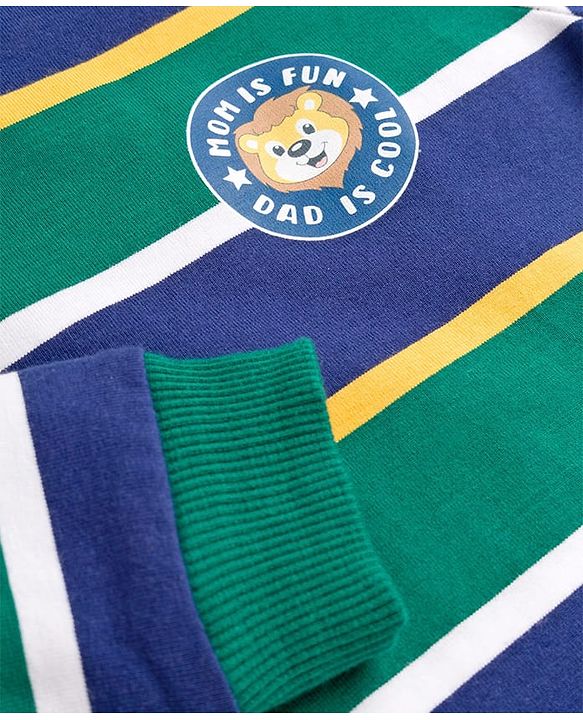 Babyhug Knit Full Sleeves Turtle Neck Winter T-Shirt with Stripes & Animal Patch - Dark Green & Navy Blue