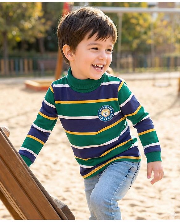 Babyhug Knit Full Sleeves Turtle Neck Winter T-Shirt with Stripes & Animal Patch - Dark Green & Navy Blue