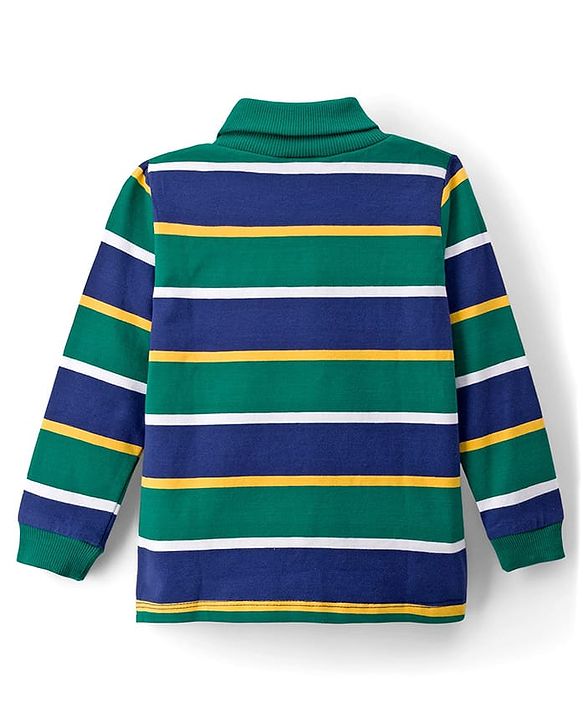 Babyhug Knit Full Sleeves Turtle Neck Winter T-Shirt with Stripes & Animal Patch - Dark Green & Navy Blue