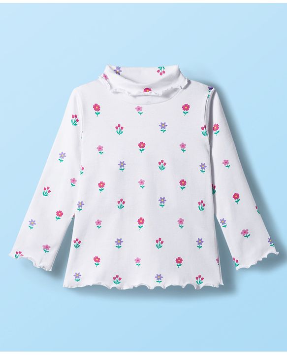 Babyhug Cotton Knit Full Sleeves Solid Color Turtle Neck Winter T-Shirt with Floral Print - White