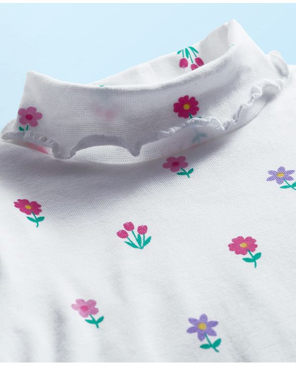 Babyhug Cotton Knit Full Sleeves Solid Color Turtle Neck Winter T-Shirt with Floral Print - White