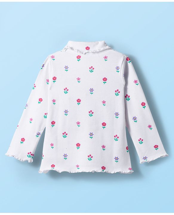 Babyhug Cotton Knit Full Sleeves Solid Color Turtle Neck Winter T-Shirt with Floral Print - White